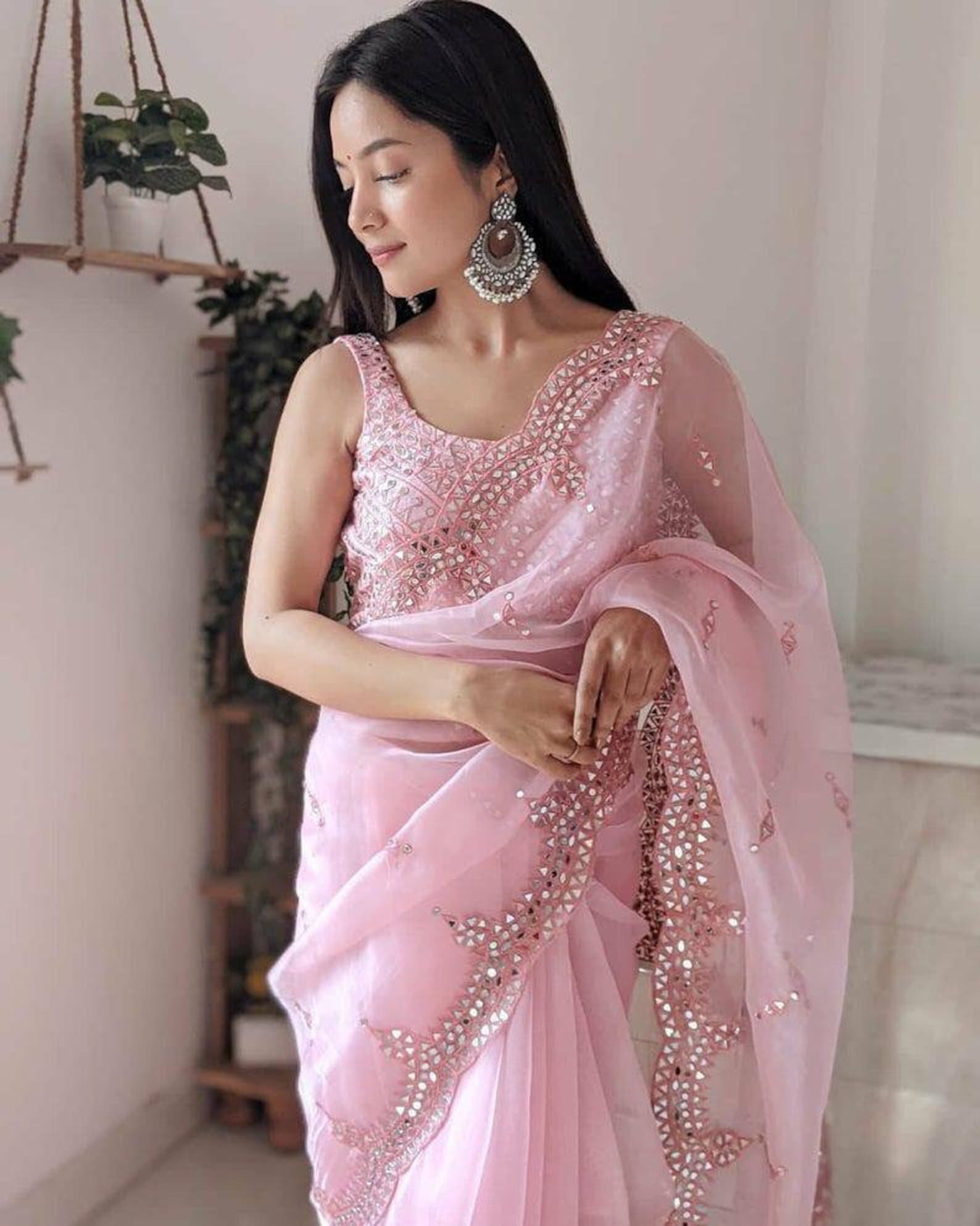 Beautiful Pink Designer Soft Saree with embroidery Mirror work  Etsy
