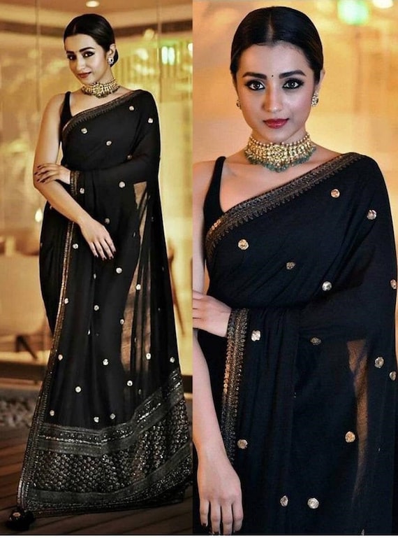 Black Net Saree With Beautiful Occasional Festive Wear Etsy