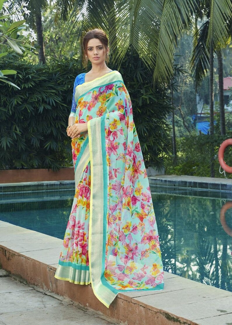 New Arrival Organza Silk Saree with Printed Floral Designer Sari Wedding Bridal Gift Occasional Wear Party Wedding Sari