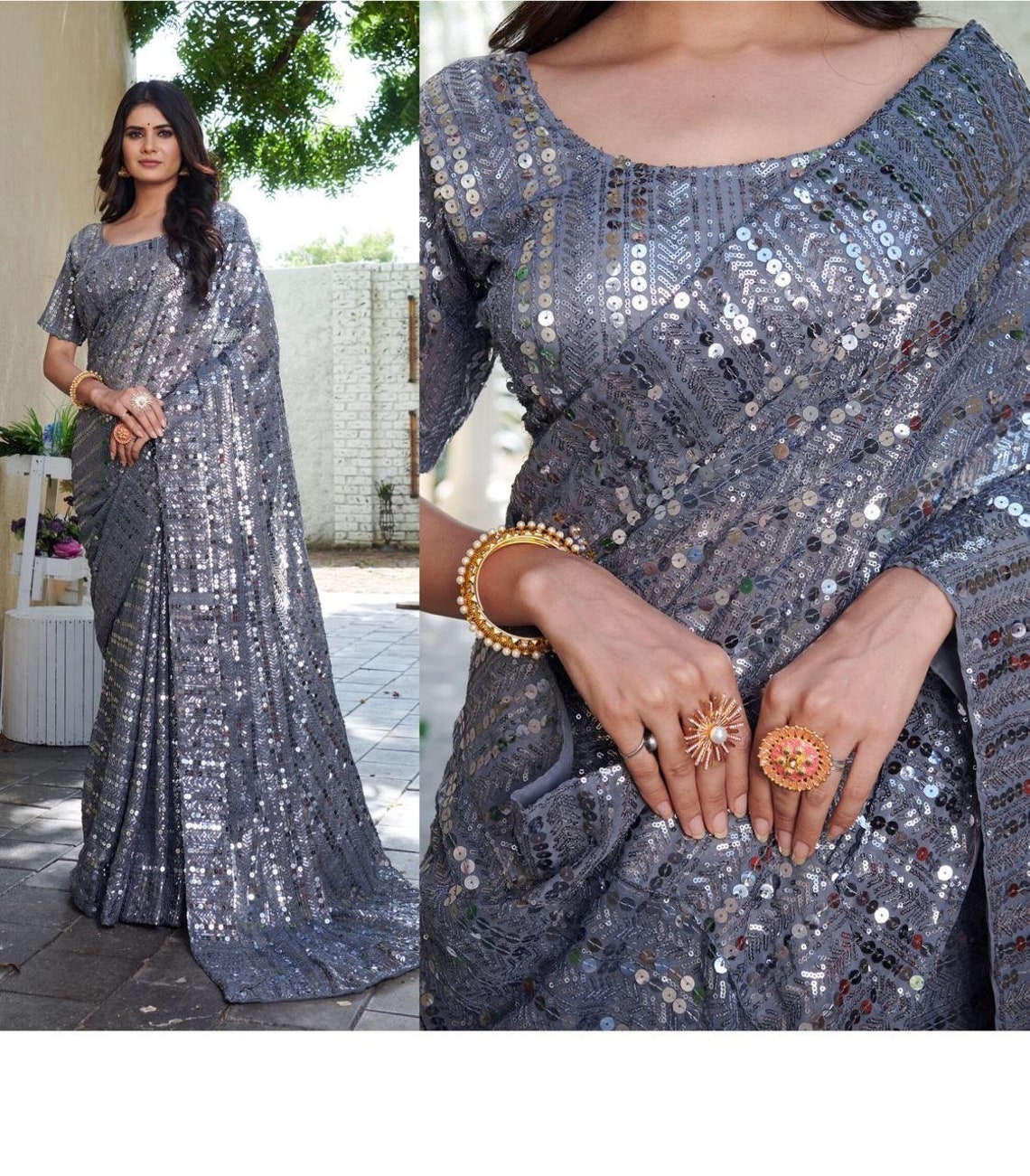 Bollywood saree heavy Sequins Work silver saree with Blouse Etsy