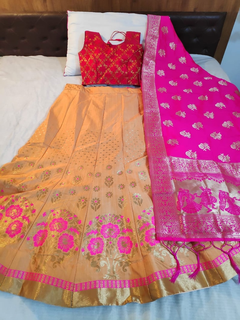 Peach Orange Designer Silk brocade Banarasi Weaving lehenga with Silk Brocade readymade Choli Blouse and Banarasi Silk Pink Shawl Dupatta