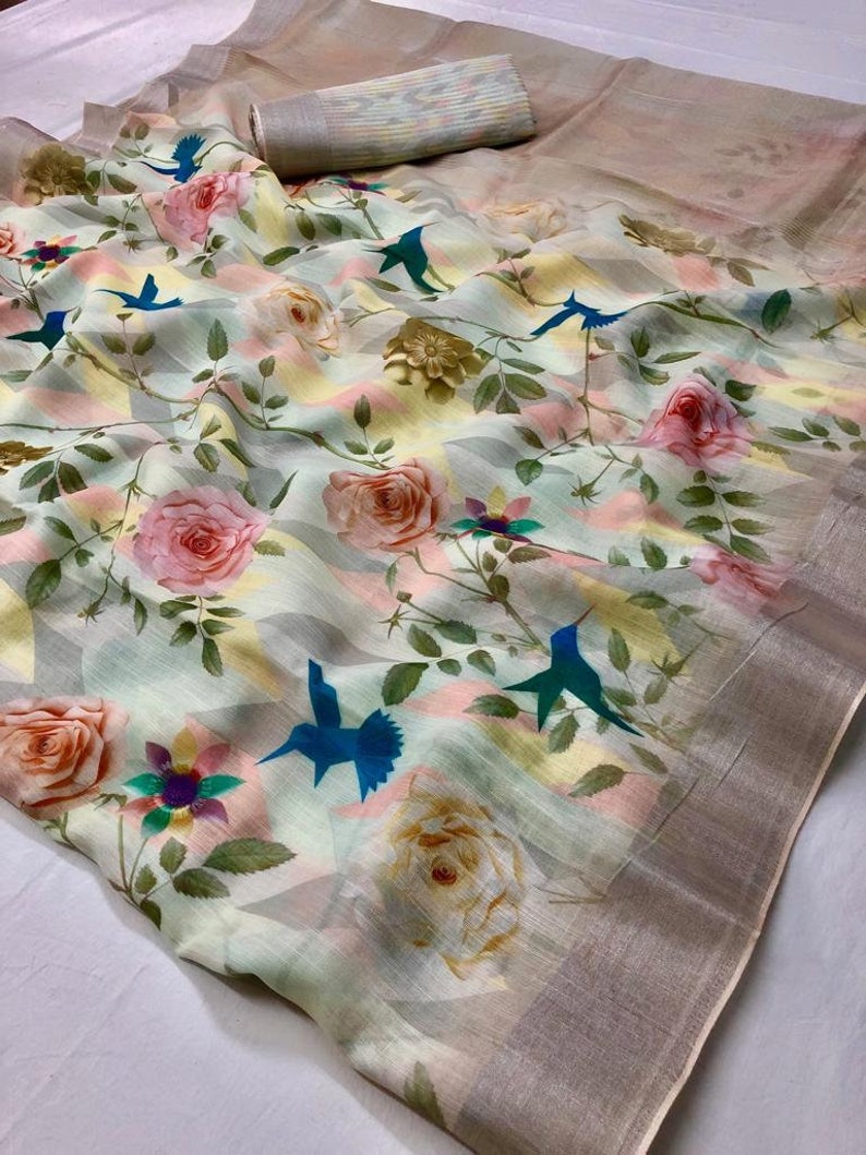 New LINEN SILK Festive Wear Designer Floral Printed Saree Bridal Gift Occasional Party Wedding Sari Wear with Desinger Printed Blouse