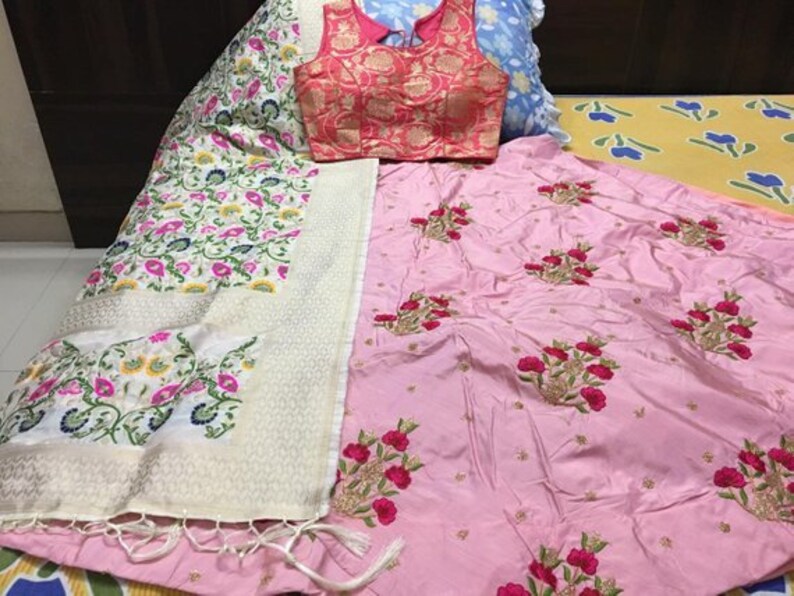 BANARASI BROCADE Pink LEHENGA Choli Indian Dress Skirt Blouse Ghaghra Top Bridal Gift Occasional Party Wedding Lengha Wear With Dupatta