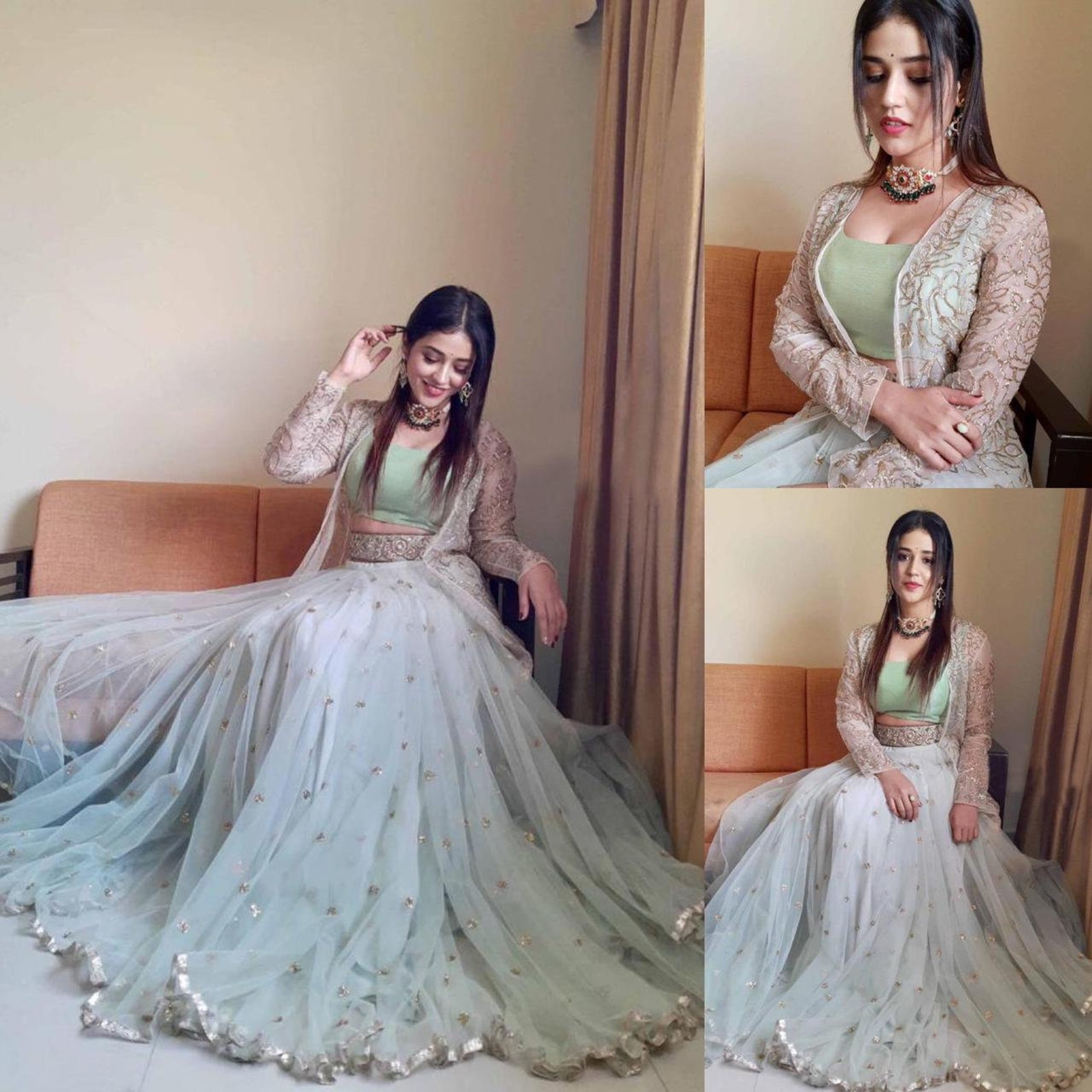 Mint Green Wedding Lehenga Choli with shrug koti blouse Etsy