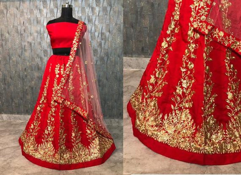 Designer Taffeta silk Beautiful embroidered Red lehenga choli with blouse and dupatta Chaniya choli Active
