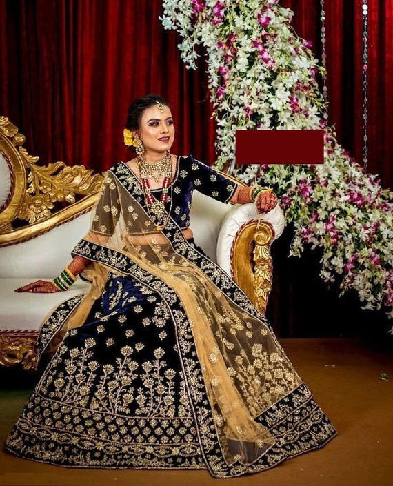 Navy Velvet Bridal Wear Lehenga Choli Outfit Bridal Net Etsy