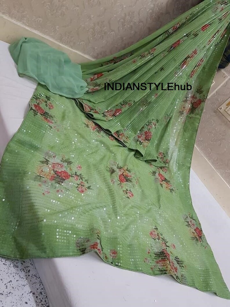 Green Heavy sequins work Floral sari blouse Indian Royal Partywear Rich Looking soft saree wedding wear bridesmaid gift event and partywear