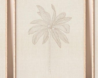 May include: A line drawing of a palm tree with brown leaves on a beige canvas background. The palm tree is framed in a light wood frame.
