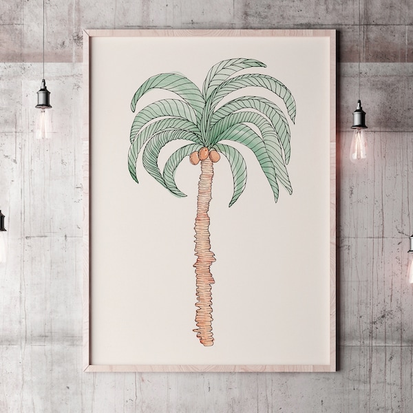 Hand Drawn Watercolour Palm Print - Tropical Palm Tree Nursery Wall Art, Tropical Beach Boho Home Decor - A5 - A3