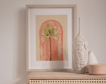 Impression d’arche de palmier pêche peinte à la main - Art texturé simple imprimé sur papier giclée fine art - Décoration intérieure tropicale simple et art mural