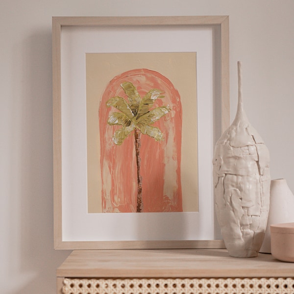 Hand Painted Peach Palm Tree Arch Print - Simple Textured Art Printed on Fine Art Giclee Paper - Simple Tropical Home Decor and Wall Art