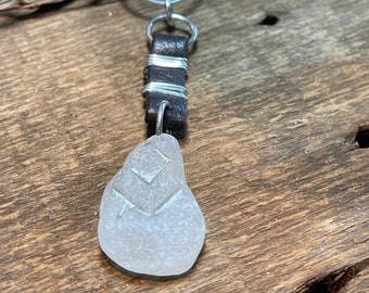 Beach glass (Sea glass) sterling silver with leather pendant necklace 20” solid snake chain Lake Michigan jewelry genuine surf tossed