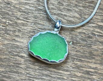 Green beach glass, sea glass, necklace, bezel set in sterling silver, handcrafted jewelry from Lake Michigan