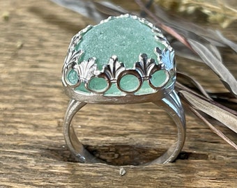 Stunning handcrafted blue beach glass, sea glass, crown bezel set in sterling silver ring, Lake Michigan jewelry