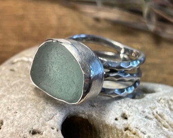 Blue sea glass ring, Lake Michigan beach glass, bezel set in sterling silver. Genuine surf tossed jewelry