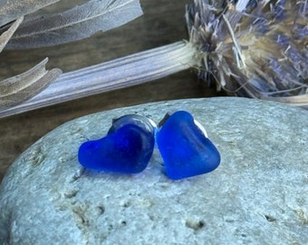 Cobalt blue beach glass (sea glass) studs earrings set in sterling silver Lake Michigan jewelry