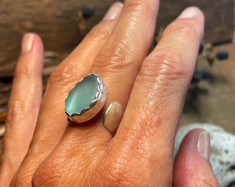 Blue beach glass ring  blue sea glass , Lake Michigan jewelry, handcrafted bezel set in sterling silver, size 8 adjustable