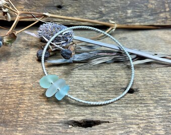 Handcrafted sterling silver  bangle bracelet with blue, clear and green sea glass, Lake Michigan beach glass jewelry