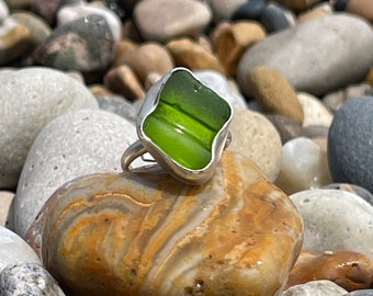 Green BEACH GLASS(sea glass) Ring solid handcrafted silver band genuine surf tossed Lake Michigan jewelry