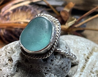 Blue beach glass, sea glass, sterling silver, handcrafted ring  bezel set, genuine surf tossed Lake Michigan jewelry