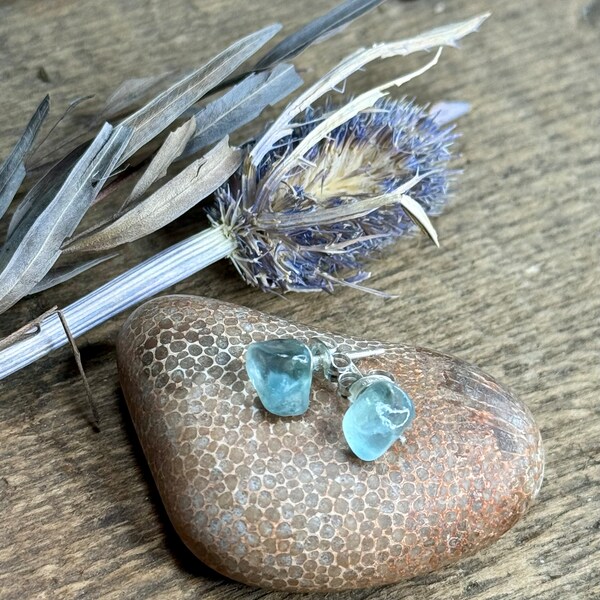 Authentic Aqua blue Lake Michigan beach glass stud earrings sterling silver surf tossed beautiful nuggets! Great personal gifts!