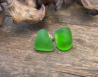 green beach glass, sea glass, Lake Michigan gifts, sterling silver studs genuine surf tossed