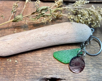 Driftwood keychain , green beach glass, sea glass,  Lake Michigan handcrafted gifts Genuine surf tossed!!