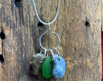 Lake Michigan trio, beach glass, Petoskey fossil stone, Leland blue set in sterling silver, charm necklace