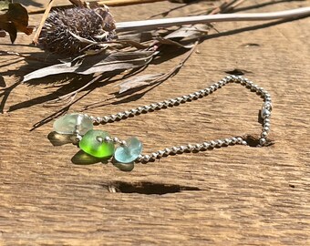 Blue, green and sea foam beach glass, sea glass, trio, bead sterling silver bracelet, Lake Michigan jewelry. Handcrafted