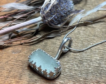 Naturally frosted beach glass, sea glass, bezel set in sterling silver, necklace, Lake Michigan jewelry
