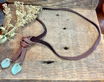 Green beach glass (sea glass) adjustable leather, brown dear lace, cord wrap necklace or bracelet Lake Michigan Jewelery