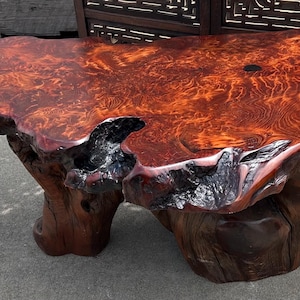 May include: A large, low-profile table crafted from a single piece of polished, reddish-brown burl wood. The tabletop features a natural, irregular live edge with deep, dark, charred-looking crevices and a highly figured, swirling grain pattern.