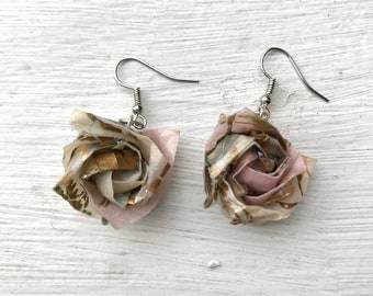 0.8”(2cm)d Origami Rose handmade Earrings Gold & Pink-ish