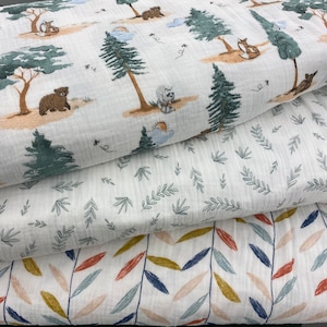 Double gauze woodland forest style fabric. Sold by the yard