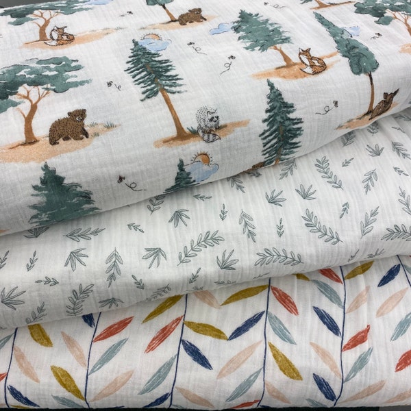 Double gauze woodland forest style fabric. Sold by the yard