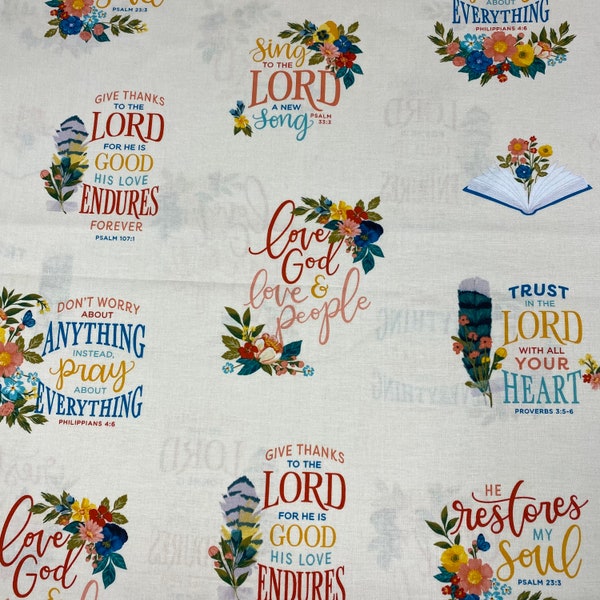 Floral Christian Fabric with multiple Bible verses. Sold by the half yard.