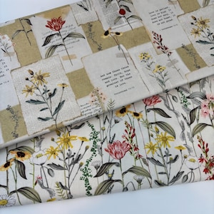 May include: A beige and white fabric with a floral pattern. The fabric features a repeating pattern of yellow and red flowers, green leaves, and small white flowers. The fabric also has a text overlay with the words "And now these three remain: faith, hope, and love. But the greatest of these is love. Corinthians 13:13" and "Love is patient, love is kind. It does not envy. It does not boast. It is not proud. 1 Corinthians 13:4".