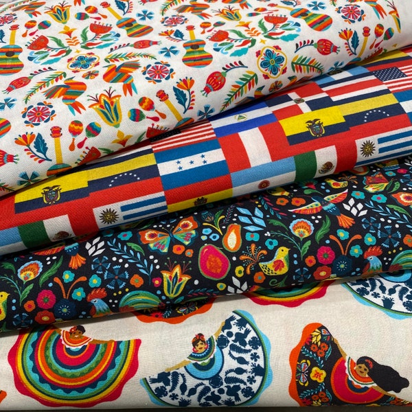 Latino cotton fabric. Hispanic heritage fabric. Spanish fabric 100% cotton sold by the half yard.