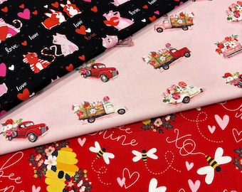 Stoffencollectie Valentijnsdag 100% katoen. Wordt ook op maat gesneden verkocht.
