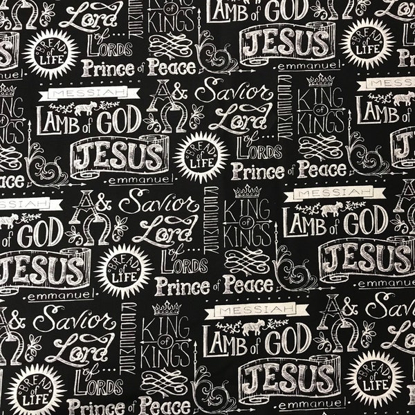 Names of Jesus fabric. Chalkboard style fabric. Contemporary Christian Fabric.