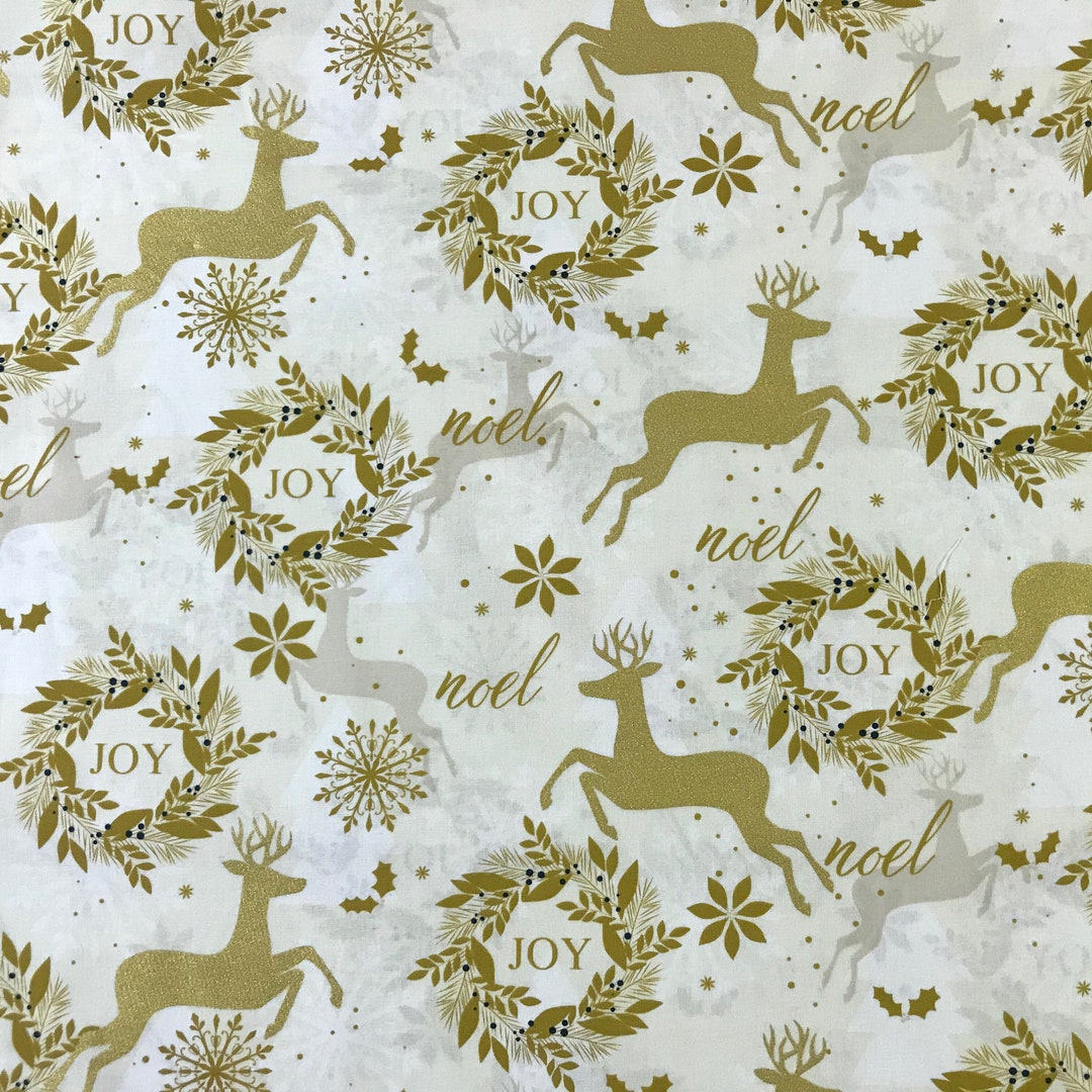 Golden Reindeers and Joy Wreaths Christmas Fabric. Etsy