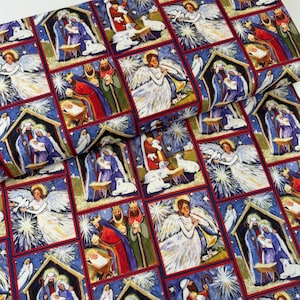 Nativity Patch on Blue Christmas Cotton Fabric 100% cotton