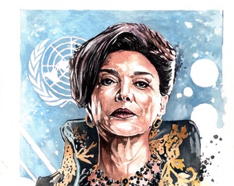 May include: Watercolor painting of a woman with dark hair wearing a black dress with gold embroidery and a black beaded necklace. The background is a light blue watercolor wash with white splatter paint.