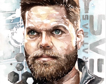 May include: A watercolor painting of a man with a beard and short brown hair. He is looking directly at the viewer. The background is a light blue and gray with geometric shapes.