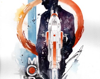 May include: A watercolor painting of a silhouette of a person wearing a hat, standing in front of a spaceship. The background is a galaxy with stars and a red and orange circle. The word "MCORN" is written in black letters on the left side of the image.
