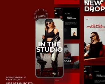 150+ Bold Editorial Aesthetic Red Edition Instagram Posts | Editable Canva Template | Red Grey Cream Black l Modern Aesthetic | Social Media
