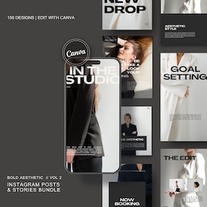 Peut inclure: Une collection de 150 modèles de publications et d'histoires Instagram dans un style esthétique audacieux. Les modèles présentent des images en noir et blanc de mannequins, des superpositions de texte et des éléments de design. Le texte comprend des phrases comme "Nouvelle sortie", "Établissement d'objectifs", "Rencontrez le fondateur" et "Soyez votre propre muse".
