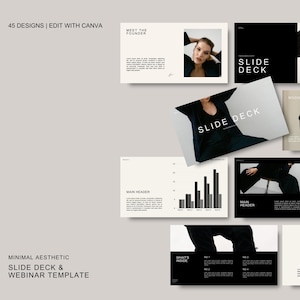 May include: A minimalist aesthetic slide deck and webinar template with black and white graphics. The template features a variety of slides, including a title slide, a slide with a bar chart, a slide with a quote, and a slide with a call to action. The template is designed to be used for presentations, webinars, and other online events.