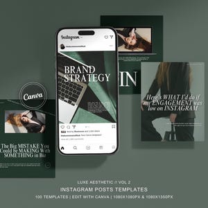 100 publicaciones de Instagram con estética de lujo / Plantilla editable de Canva / Plantilla de diseño para redes sociales de Business Coach en verde esmeralda, dorado y negro
