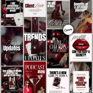 May include: A collage of red and white graphics with text, including "Cherry," "Insta Updates," and "Podcast." Images include cherries, playing cards, a leopard, and a martini glass. The Canva logo is visible.